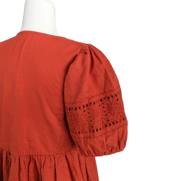 Madewell Linen-Blend Embroidered Eyelet Puff-Sleeve Orange/Red Mini Dress Small - Picture 6 of 10